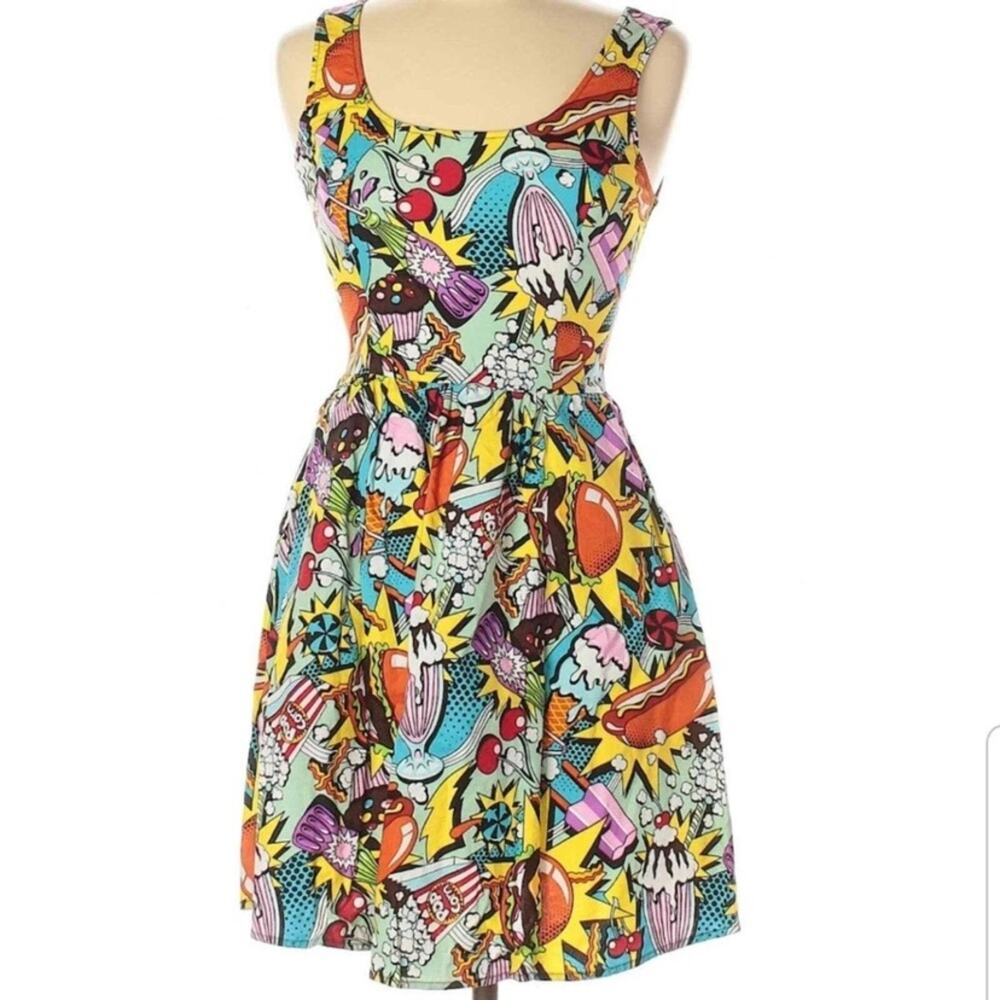ModCloth Folter Good Enough To Eat Fit Flare Colorful Graphic Print Dress Medium - Picture 2 of 9